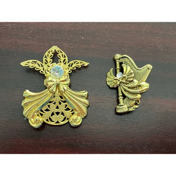 VTG Jane AOL Brooch Lot Angel and Harp Gold Tone Rhinestone Holidays - Picture 1 of 5